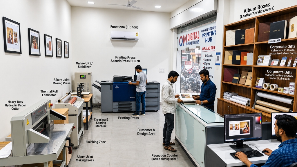 OM In-house printing lab showing printing presses, laminators, cutters, and staff